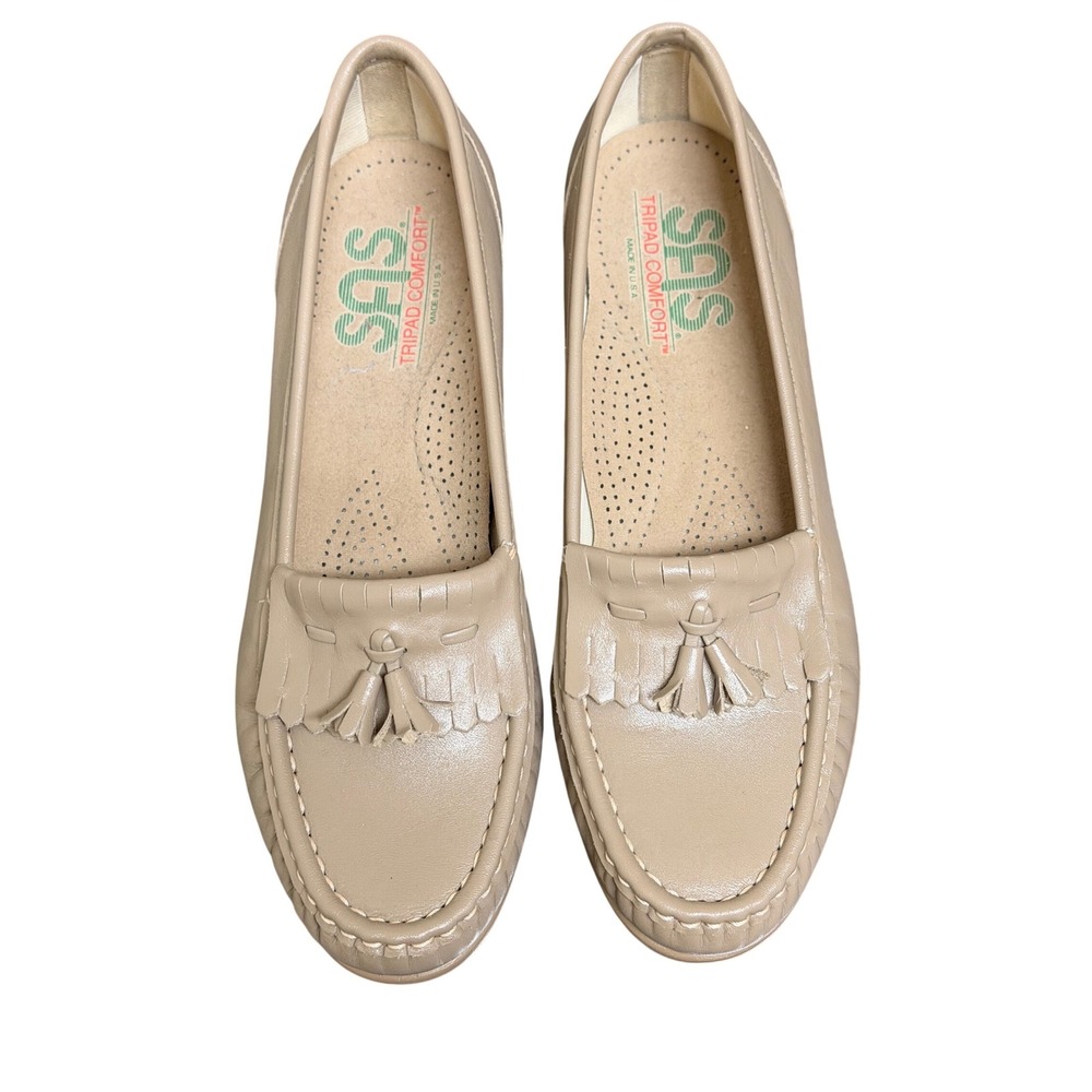 SAS Kiltie Loafers Women 7.5 N Beige Leather Tassel Fringe Tripad Comfort USA